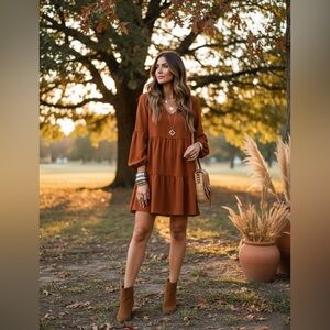 V-Neck- Rust Caramel Long Sleeve Tiered Dress